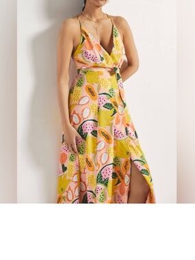 Anthropologie Pink Tropical Fruit Maxi Wrap One-Piece NWT XS